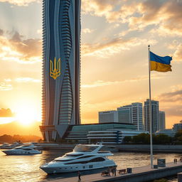 A modern bionic skyscraper with 50 floors, characterized by smooth lines on its facades and expansive atrium spaces, stands prominently on the riverbank