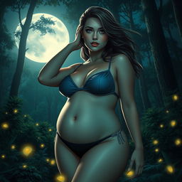 A real girl with a voluptuous figure in a moonlit forest at night, wearing a chic bikini that accentuates her curves