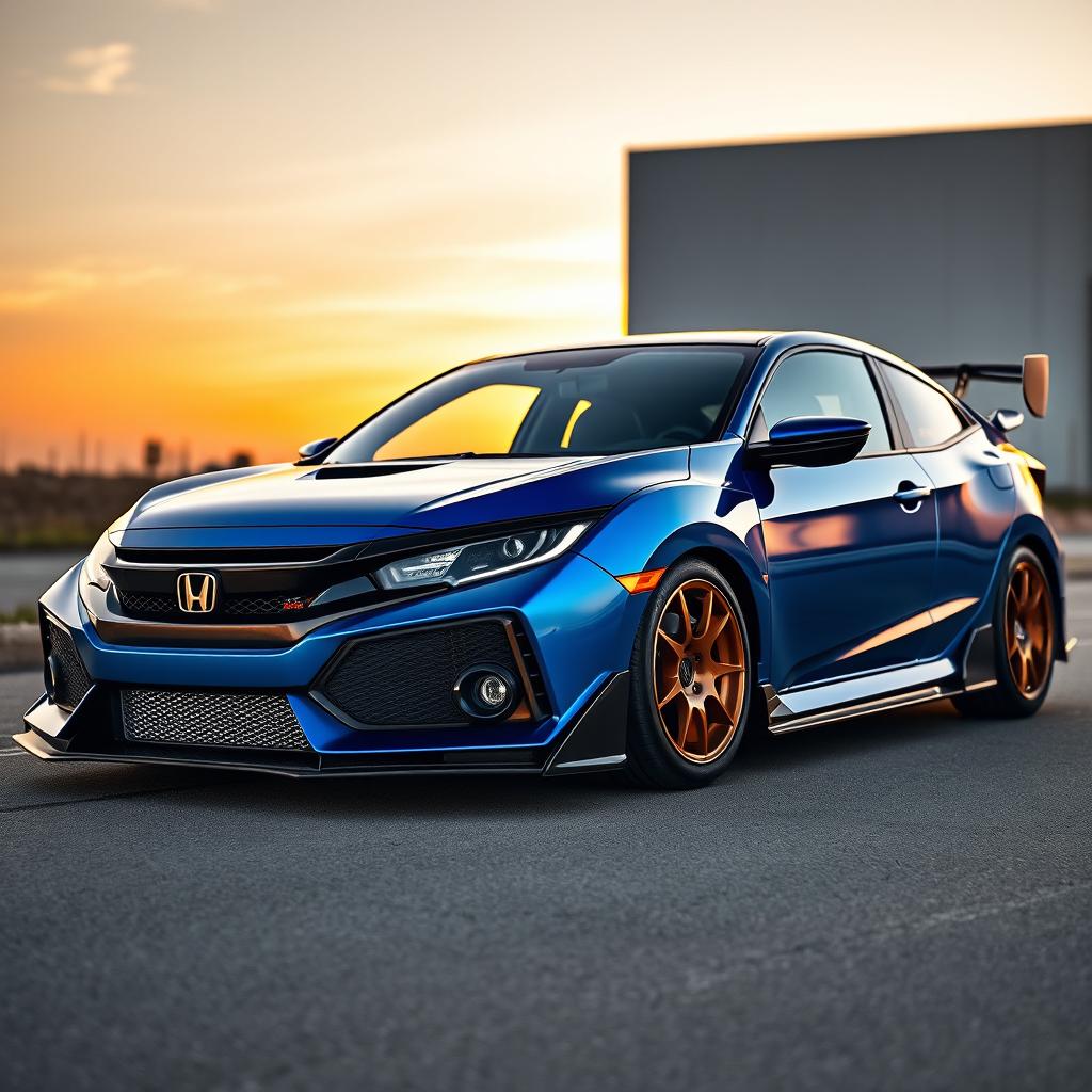 A sleek and stylish Honda Civic coupe, expertly modified with a modern body kit that includes an aerodynamic front bumper and side skirts