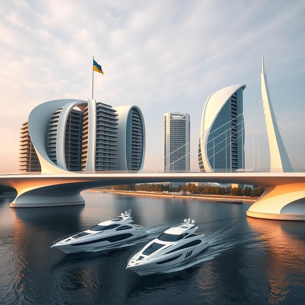 A visionary bridge featuring buildings of bionic, smooth form, housing apartments and offices, stretches across a river