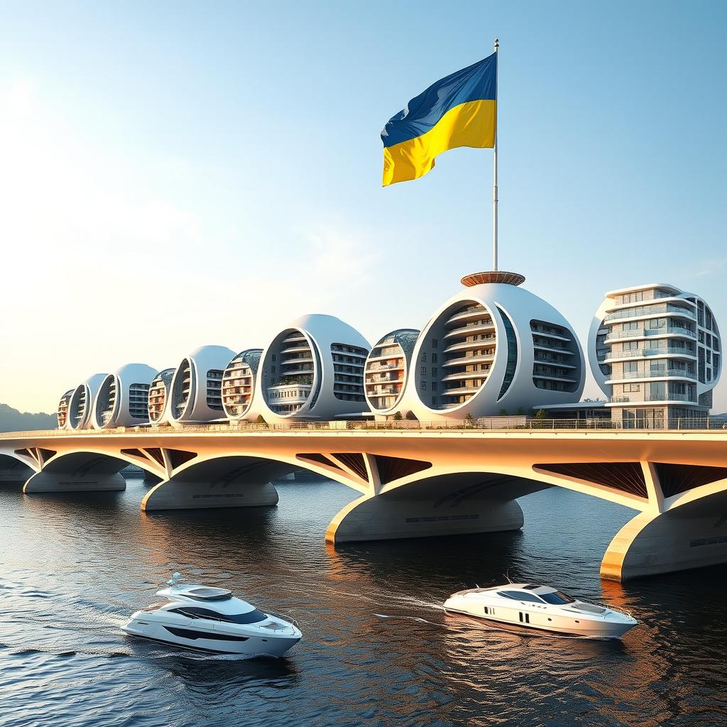 A visionary bridge featuring buildings of bionic, smooth form, housing apartments and offices, stretches across a river