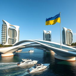 A visionary bridge featuring buildings of bionic, smooth form, housing apartments and offices, stretches across a river