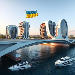 A visionary bridge featuring buildings of bionic, smooth form, housing apartments and offices, stretches across a river