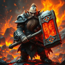 An Azer's dwarf wearing intricate metal armor, displaying a fierce and determined expression