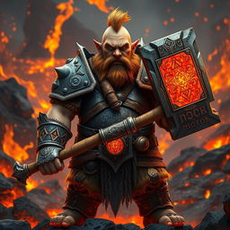 An Azer's dwarf wearing intricate metal armor, displaying a fierce and determined expression