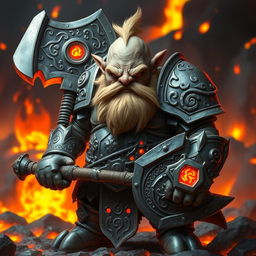 An Azer's dwarf wearing intricate metal armor, displaying a fierce and determined expression