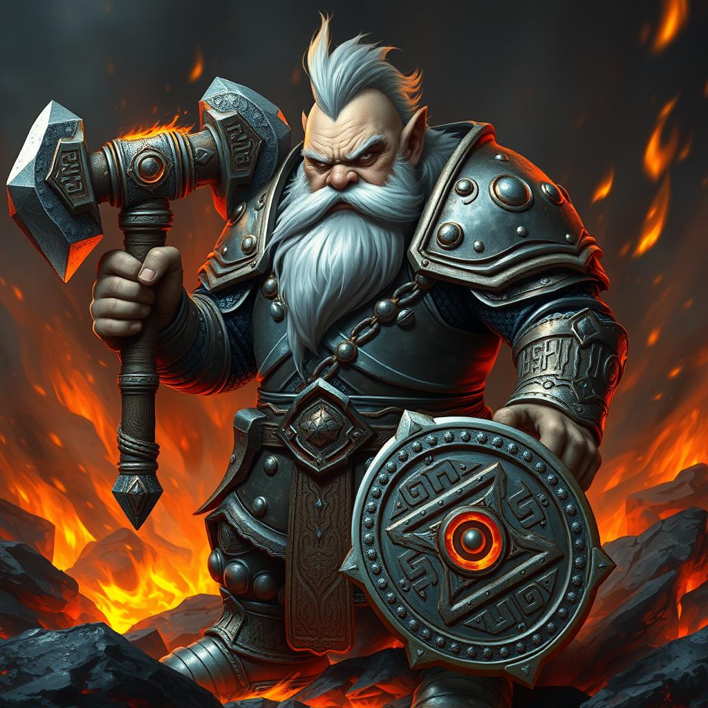 An Azer's dwarf wearing intricate metal armor, displaying a fierce and determined expression