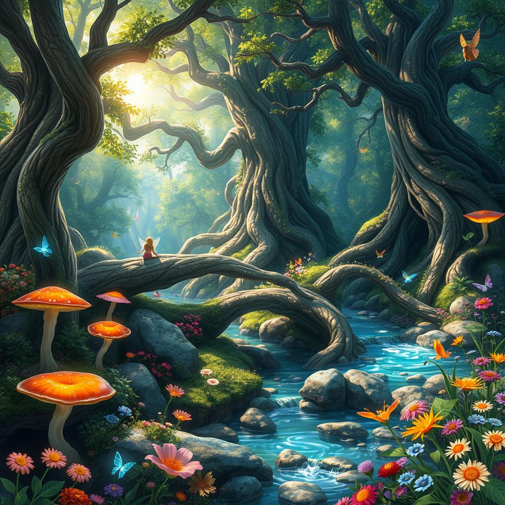 A magical forest teeming with life and vibrant colors, featuring towering ancient trees with twisted branches, luminescent mushrooms growing at the base, and ethereal creatures flitting amongst the foliage