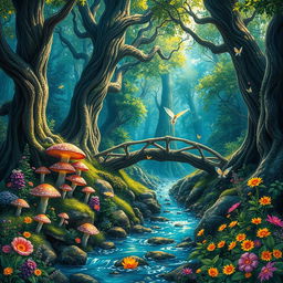 A magical forest teeming with life and vibrant colors, featuring towering ancient trees with twisted branches, luminescent mushrooms growing at the base, and ethereal creatures flitting amongst the foliage