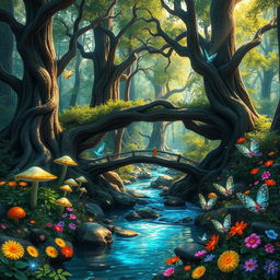 A magical forest teeming with life and vibrant colors, featuring towering ancient trees with twisted branches, luminescent mushrooms growing at the base, and ethereal creatures flitting amongst the foliage