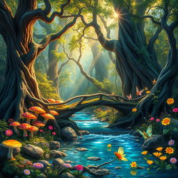 A magical forest teeming with life and vibrant colors, featuring towering ancient trees with twisted branches, luminescent mushrooms growing at the base, and ethereal creatures flitting amongst the foliage