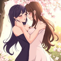 Anime illustration of two adult women with an hourglass body shape engaging in a passionate and intimate embrace