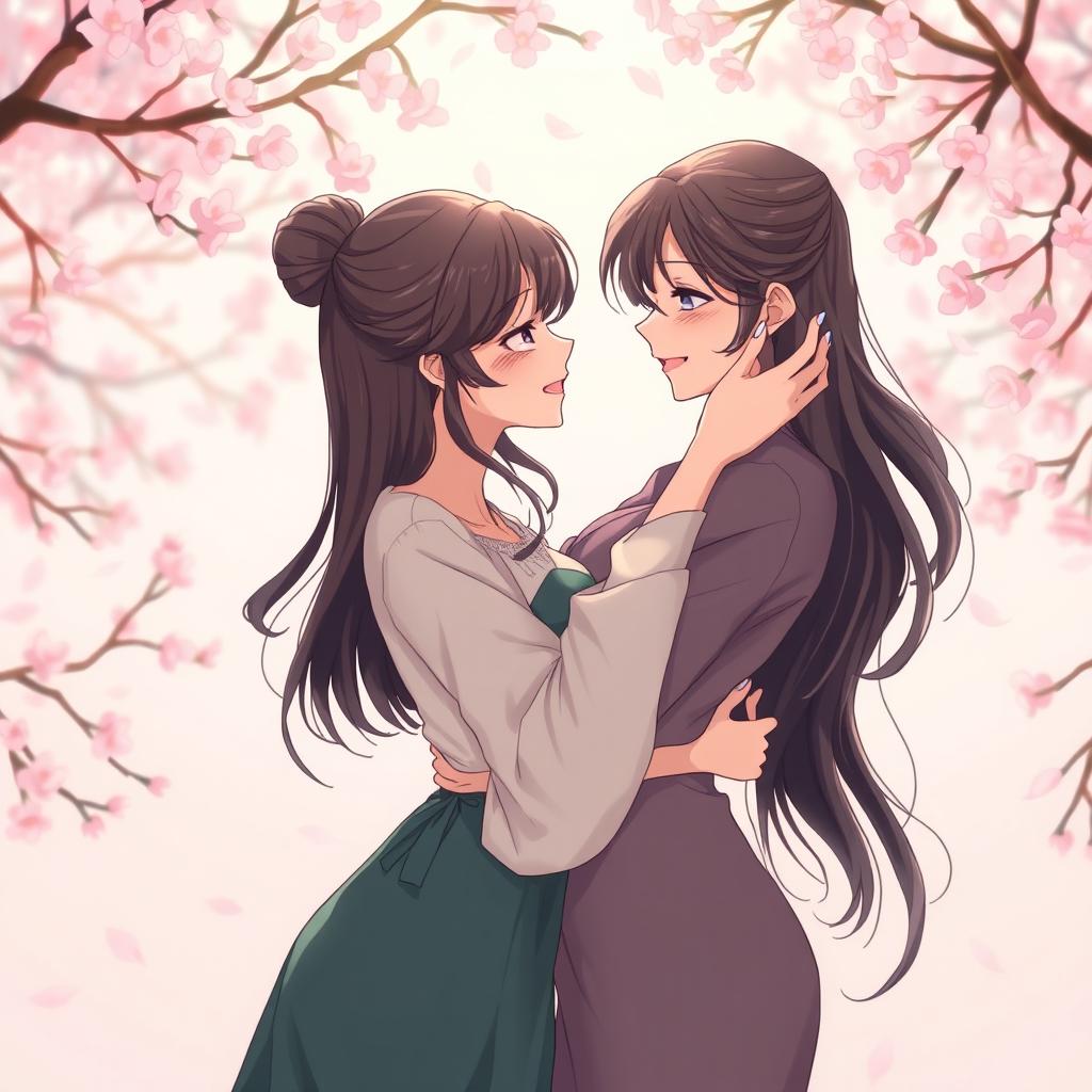 Anime illustration of two adult women with an hourglass body shape engaging in a passionate and intimate embrace