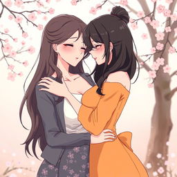 Anime illustration of two adult women with an hourglass body shape engaging in a passionate and intimate embrace