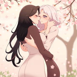 Anime illustration of two adult women with an hourglass body shape engaging in a passionate and intimate embrace