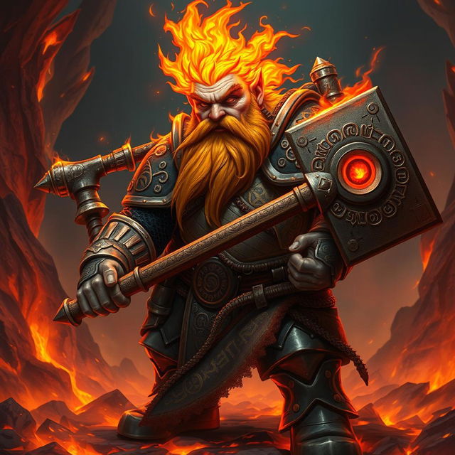 An Azer's dwarf with a beard and hair ablaze with crackling fire, wearing ornate metal armor