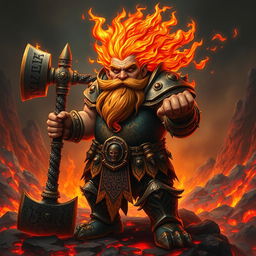 An Azer's dwarf with a beard and hair ablaze with crackling fire, wearing ornate metal armor