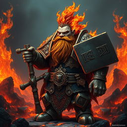 An Azer's dwarf with a beard and hair ablaze with crackling fire, wearing ornate metal armor