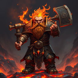 An Azer's dwarf with a beard and hair ablaze with crackling fire, wearing ornate metal armor