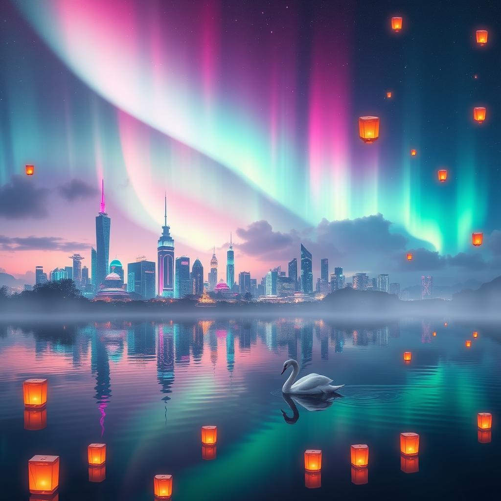 An enchanting dreamscape featuring a futuristic cityscape on the horizon with towering skyscrapers illuminated by colorful neon lights