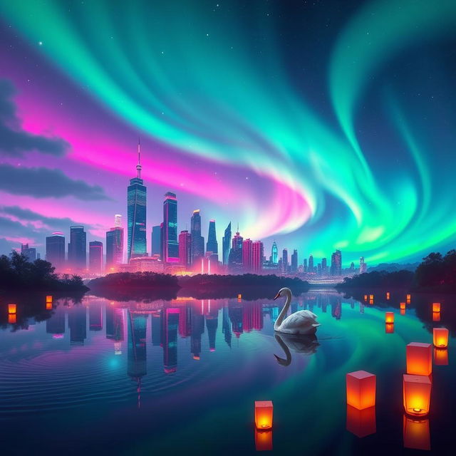 An enchanting dreamscape featuring a futuristic cityscape on the horizon with towering skyscrapers illuminated by colorful neon lights