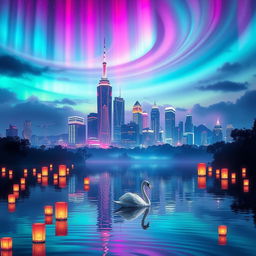 An enchanting dreamscape featuring a futuristic cityscape on the horizon with towering skyscrapers illuminated by colorful neon lights