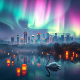 An enchanting dreamscape featuring a futuristic cityscape on the horizon with towering skyscrapers illuminated by colorful neon lights