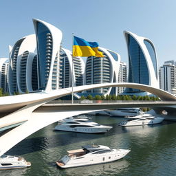 A futuristic bridge spans a river, featuring buildings of bionic, smooth form, housing a mix of apartments and offices