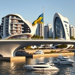 A futuristic bridge spans a river, featuring buildings of bionic, smooth form, housing a mix of apartments and offices