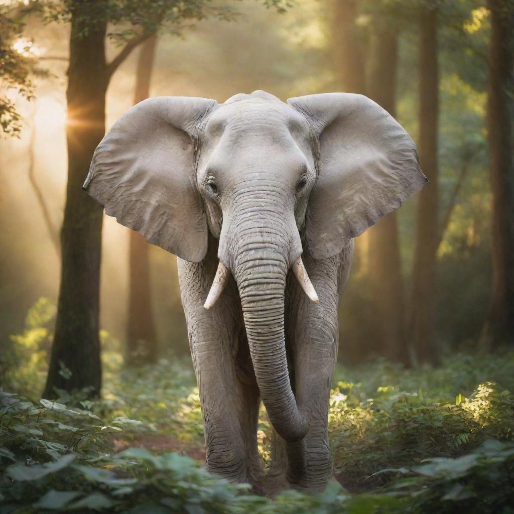 A majestic white elephant emerging from a lush, verdant forest, bathed in the soft rays of a setting sun.