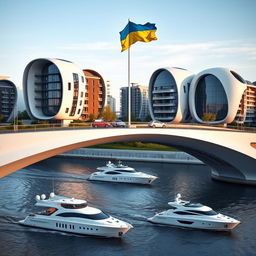 A futuristic bridge spans a river, featuring buildings of bionic, smooth form, housing a mix of apartments and offices