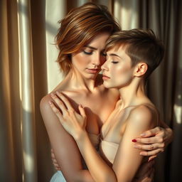 A beautiful and sensual depiction of the intimate connection between two women, capturing their tenderness and vulnerability in an artful, unobtrusive manner