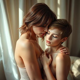 A beautiful and sensual depiction of the intimate connection between two women, capturing their tenderness and vulnerability in an artful, unobtrusive manner