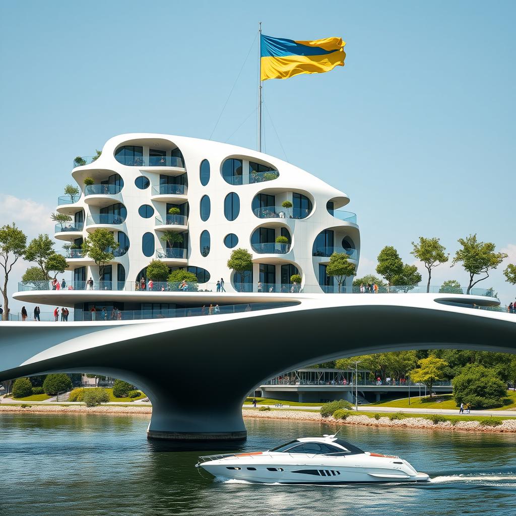 An innovative bridge hosts a building of bionic, smooth form, featuring a mixture of apartments and offices