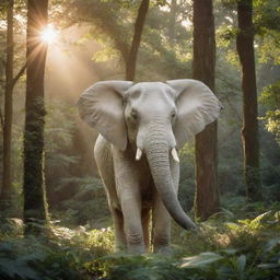 A majestic white elephant emerging from a lush, verdant forest, bathed in the soft rays of a setting sun.