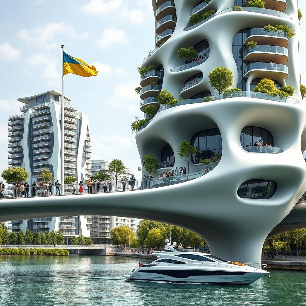 An innovative bridge hosts a building of bionic, smooth form, featuring a mixture of apartments and offices