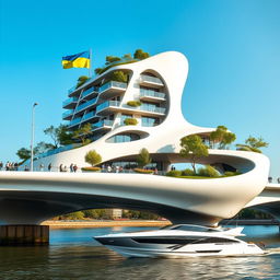 An innovative bridge hosts a building of bionic, smooth form, featuring a mixture of apartments and offices