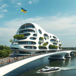 An innovative bridge hosts a building of bionic, smooth form, featuring a mixture of apartments and offices