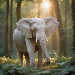 A majestic white elephant emerging from a lush, verdant forest, bathed in the soft rays of a setting sun.