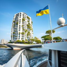 From the deck of a yacht, we gaze at an extraordinary bridge that supports a bionic, smooth-form building