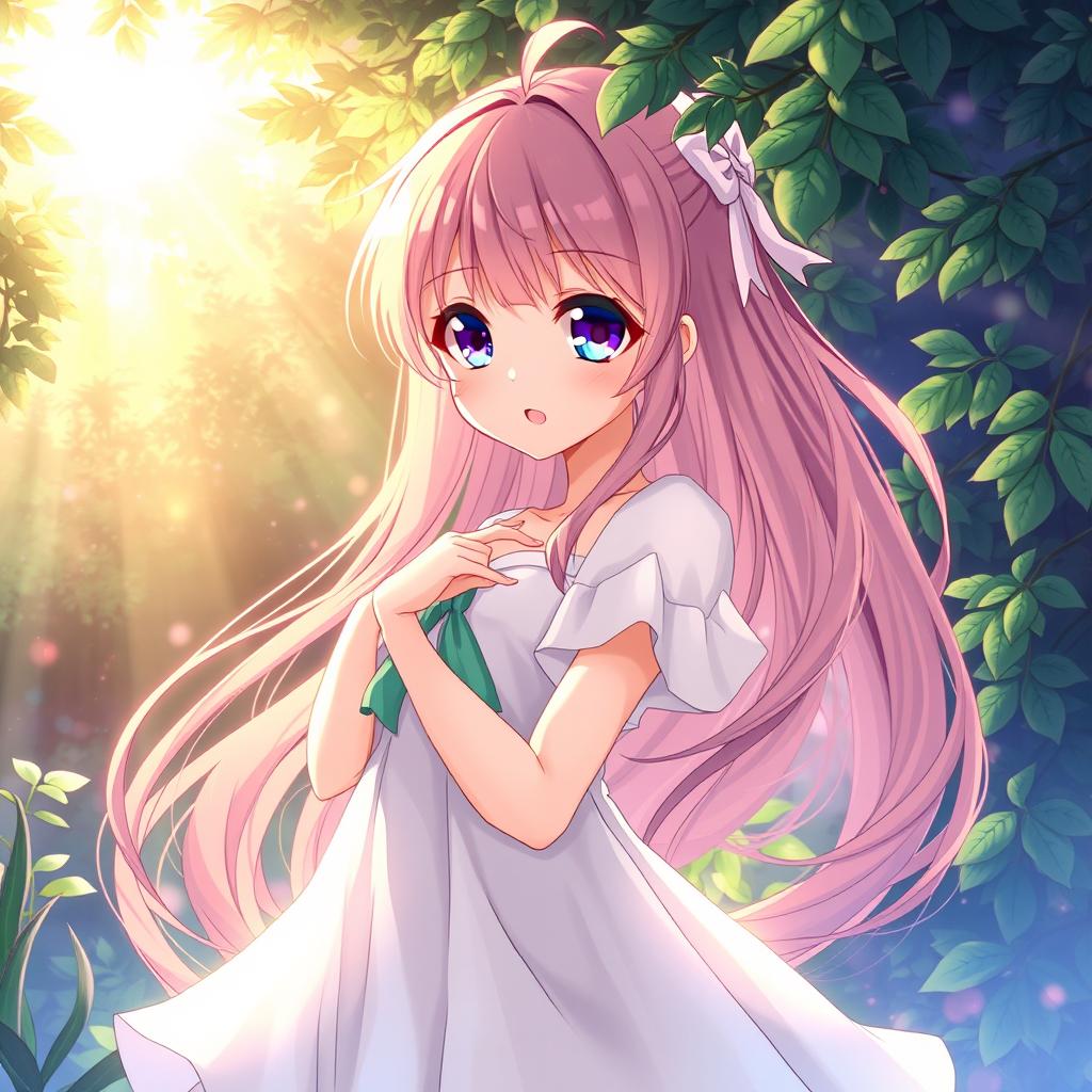 An artistic depiction of an anime-style girl standing gracefully, posing amidst a serene nature background