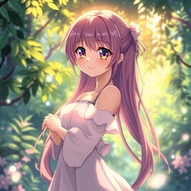 An artistic depiction of an anime-style girl standing gracefully, posing amidst a serene nature background