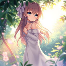 An artistic depiction of an anime-style girl standing gracefully, posing amidst a serene nature background