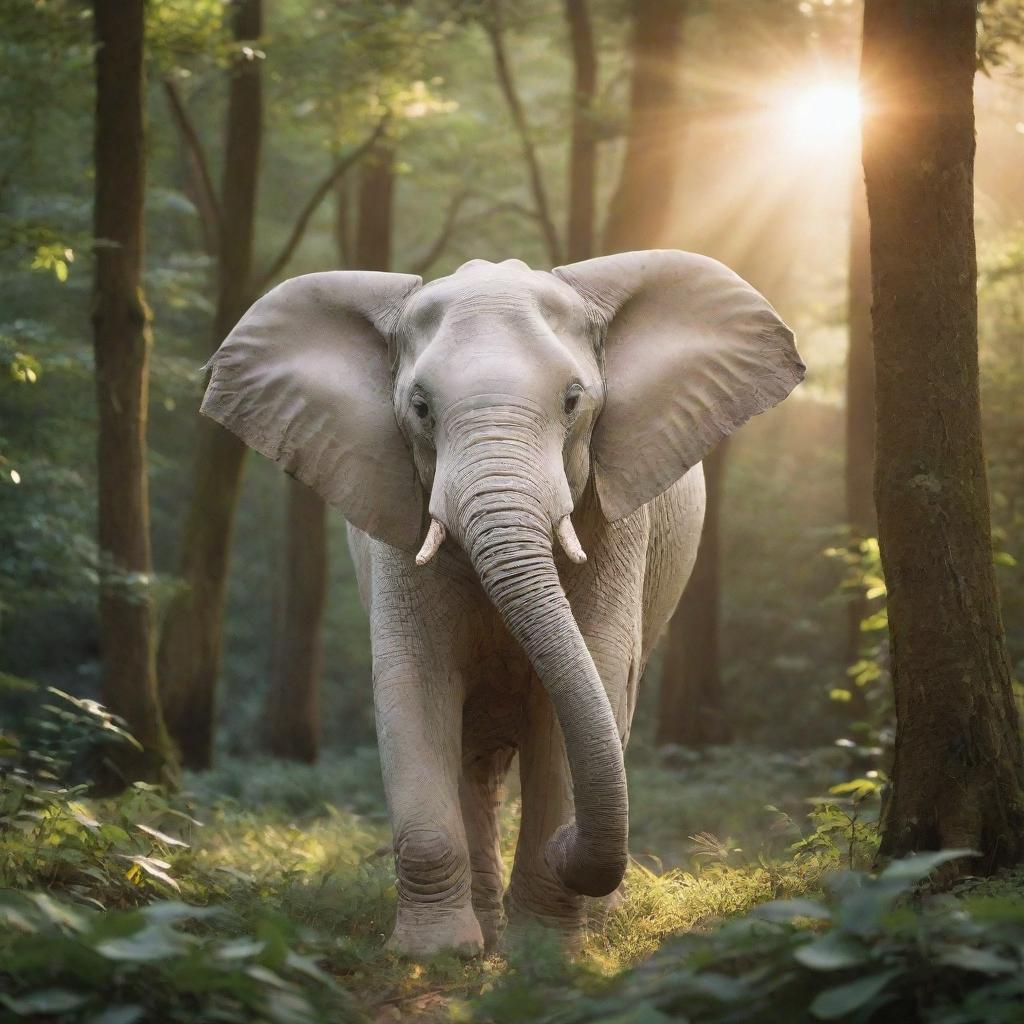 A majestic white elephant emerging from a lush, verdant forest, bathed in the soft rays of a setting sun.