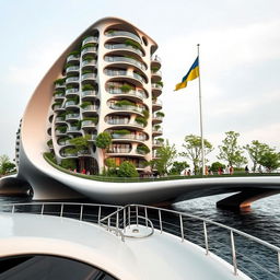 From the deck of a yacht, we view an extraordinary bridge adorned with a bionic, smooth-form building that houses apartments and offices