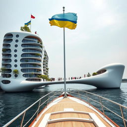 From the deck of a yacht, we view an extraordinary bridge adorned with a bionic, smooth-form building that houses apartments and offices