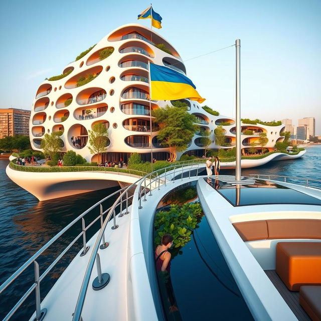 From the deck of a yacht, we view an extraordinary bridge adorned with a bionic, smooth-form building that houses apartments and offices