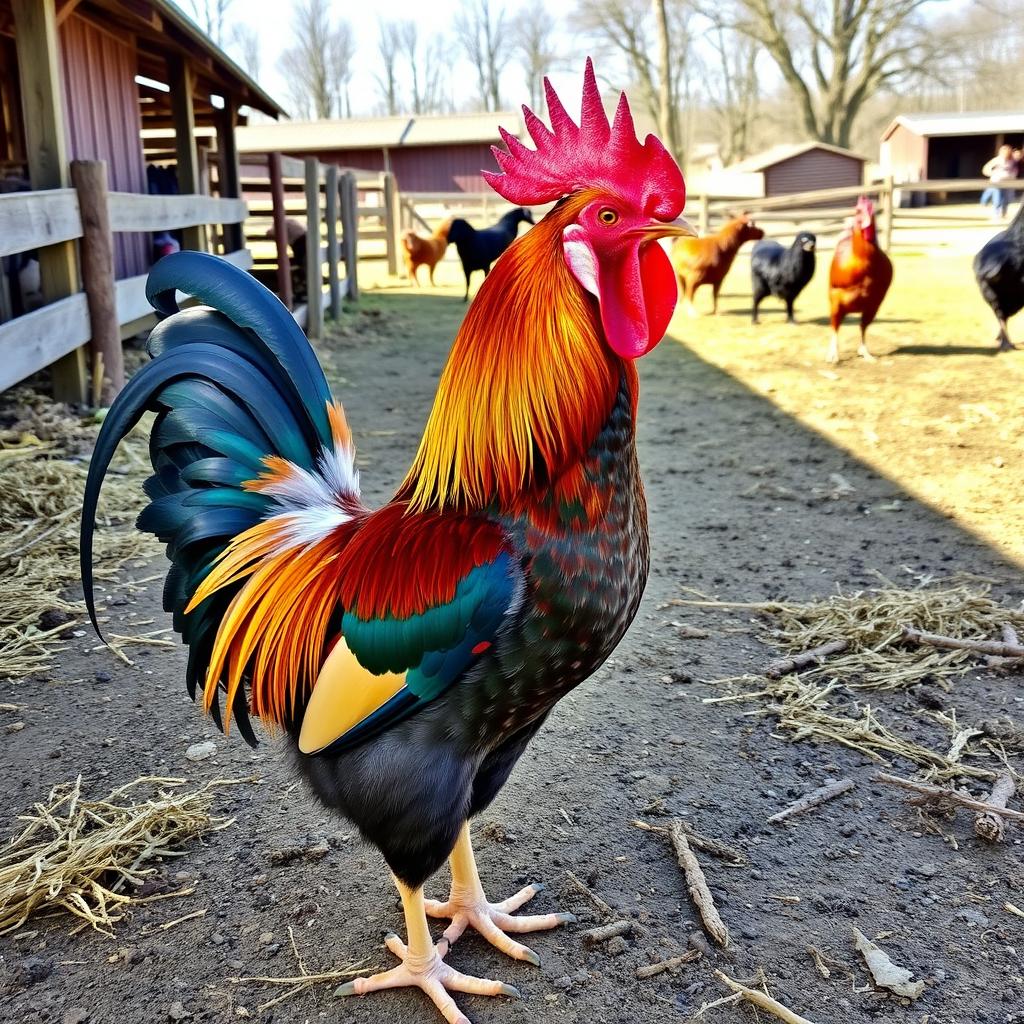 A majestic and colorful rooster standing proudly in a barnyard