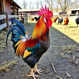 A majestic and colorful rooster standing proudly in a barnyard