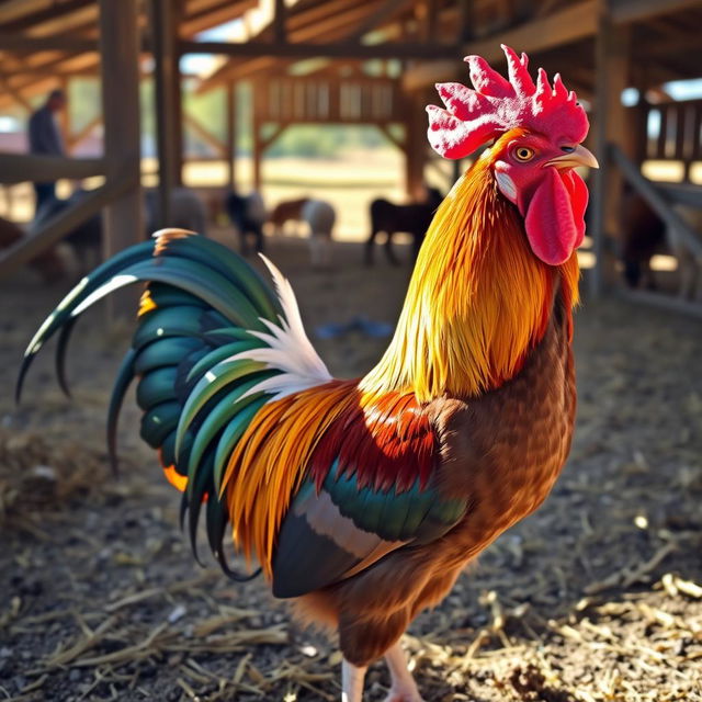 A majestic and colorful rooster standing proudly in a barnyard